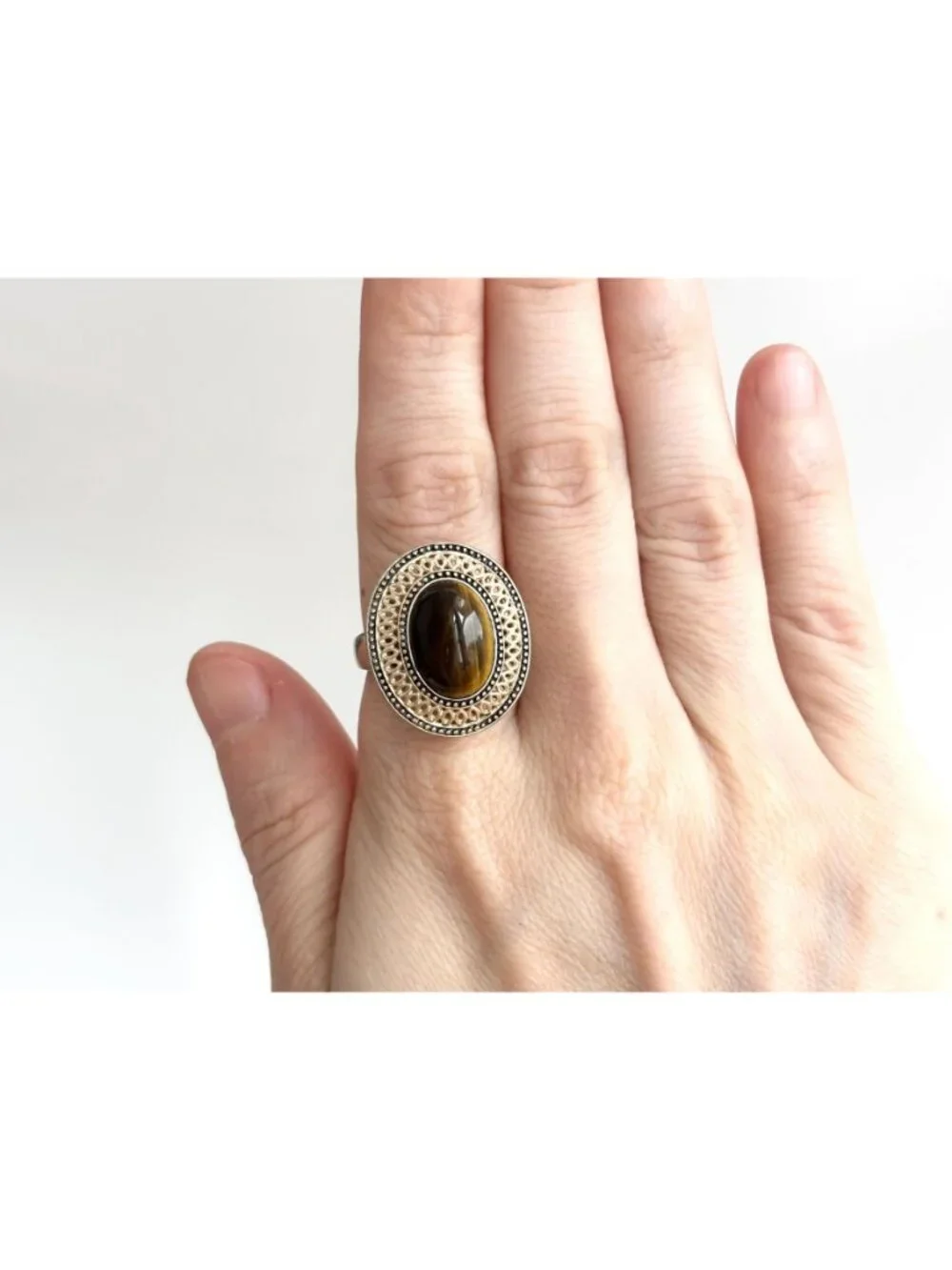 Genuine Tiger's Eye Gemstone Filigree Sterling Silver 925 Vintage Ring - sz 8